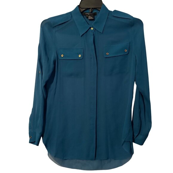 Etcetera Womens Teal Button-Front Silk Blouse With Dual Chest Pockets sheer  Siz - Picture 1 of 12